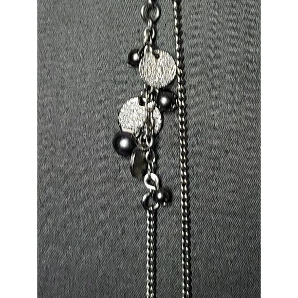 Long 2 Layer Necklace In Gunmetal Tone With Dangling Beads & Textured Discs - Picture 9 of 9